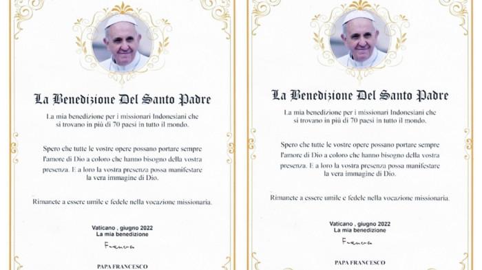 BERKAT PAUS - Piagam Berkat Paus Fransiskus untuk para misionaris dari Indonesia di seluruh dunia. Berkat ini diberikan pada Rabu (22/06/2022)