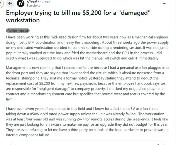 Illinois engineer says employer tried charging him over $5,000 after office workstation suddenly &lsquo;smoked out&rsquo;