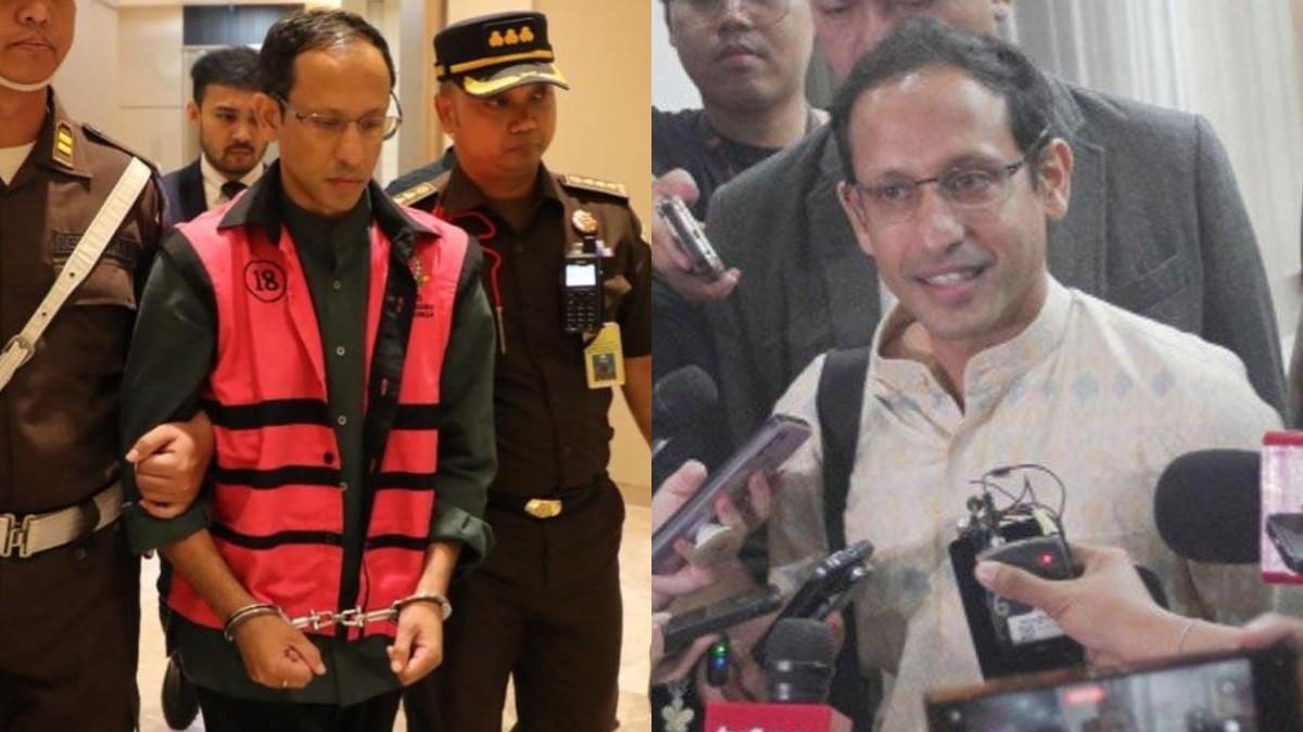 NADIEM MAKARIM TERSANGKA - Potret Nadiem Makarim pakai rompi pink setelah jadi tersangka (kiri) dan setelah jalani pemeriksaan.