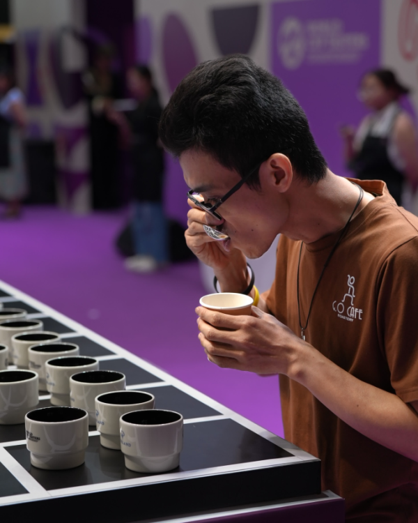 Le Quang Cuong tastes coffee at the 2026 World Cup Tasters Championship in Bangkok, Thailand. Photo courtesy of the contests organizing committe