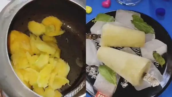 Fresh sliced ​​mangoes in a metal bowl alongside homemade mango mint popsicles served on ice with mint leaves.