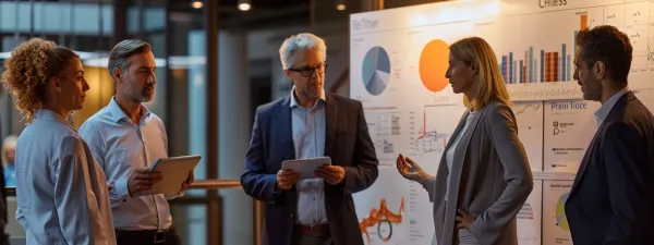 a group of business professionals are gathered around a whiteboard with graphs and charts showing benefits of energy-efficient water heaters from top brands.