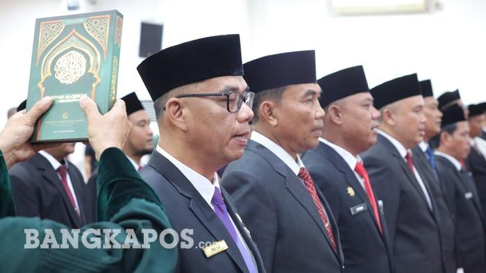 Prosesi pelantikan dan pengambilan sumpah janji jabatan pejabat pimpinan tinggi pratama di lingkungan Pemerintah Kota (Pemkot) Pangkalpinang, Rabu (13/5/2026).