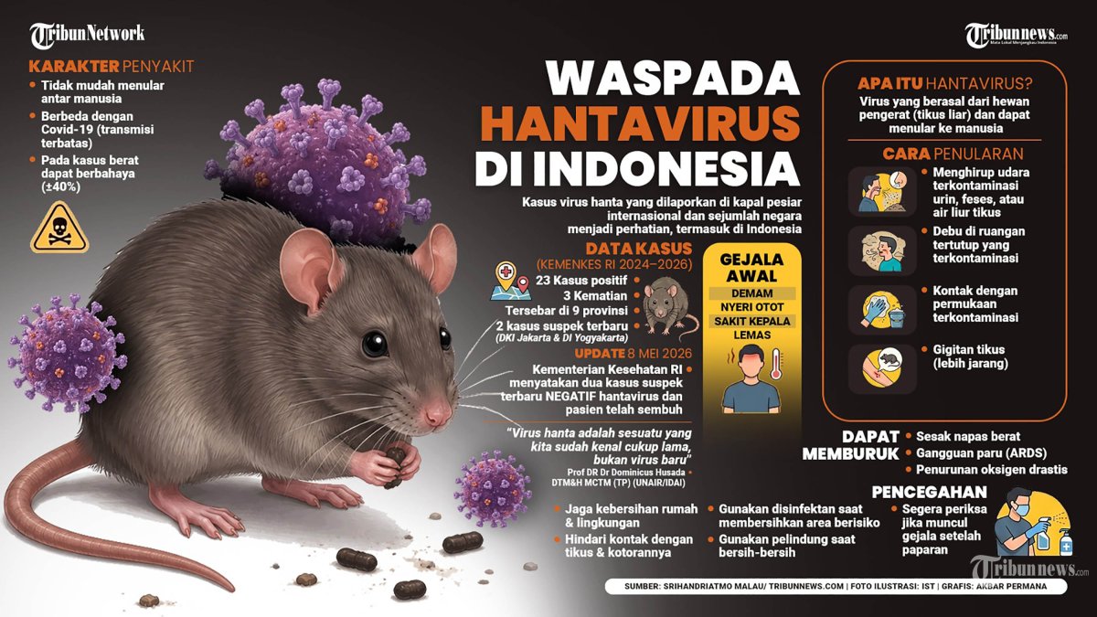 KEWASPADAAN - Kasus virus hanta yang dilaporkan di kapal pesiar internasional dan sejumlah negara menjadi perhatian, termasuk di Indonesia. Data kasus Kemenkes RI 2024-2026 ada 23 kasus positif, 3 Kematian, tersebar di 9 provinsi, 2 kasus suspek terbaru (DKI Jakarta dan DI Yogyakarta). TRIBUNNEWS/AKBAR PERMANA