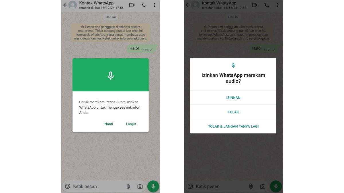 Ilustrasi memberikan perizinan akses mikrofon untuk aplikasi WhatsApp.