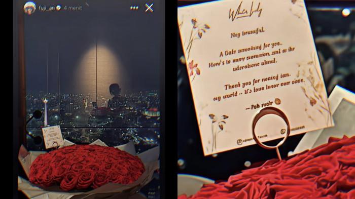 DAPAT BUKET BUNGA - Selebgram Fuji An dapat bunga mawar merah dari sosok misterius bertuliskan ucapan dalam bahasa Thailand, dicapture Sabtu (2/5/2026).
