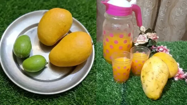Fresh ripe yellow mangoes on a plate next to homemade aam frooti juice served in glasses on grass.