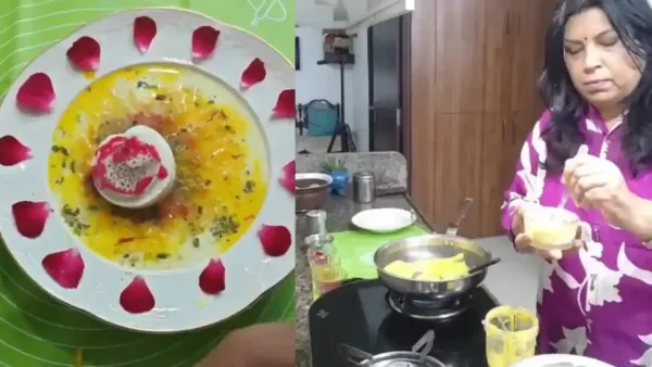 A creative mango noodle dessert beautifully plated with rose petals and dragon fruit, prepared by a home chef.
