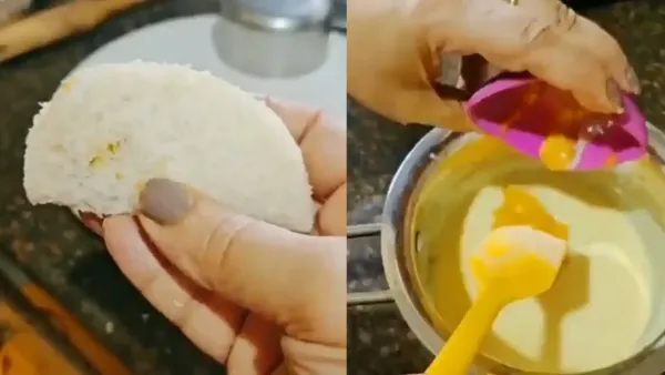 Hands preparing a mango stuffed bread dessert with creamy custard pudding for a delicious and innovative sweet treat.