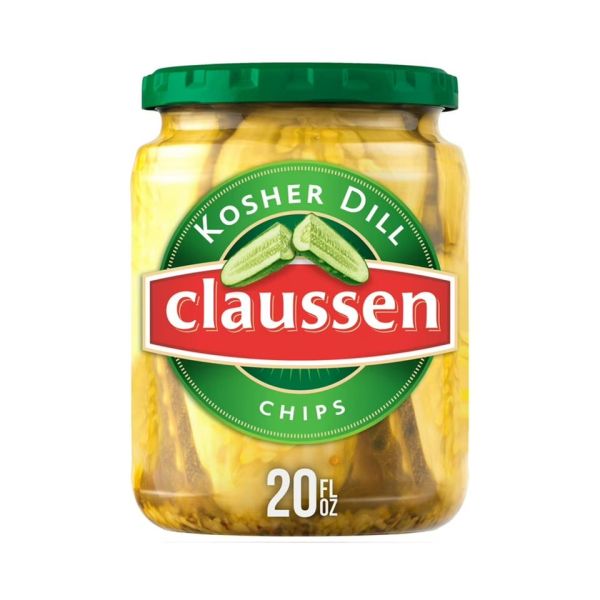 Labeled jar of Claussen kosher dill pickle chips Credit: Courtesy of Brand