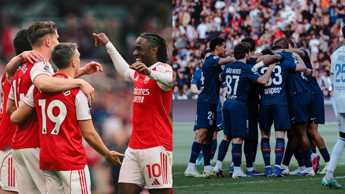 SELEBRASI LAGA - Potret selebrasi pemain Arsenal (kiri) dan PSG (kanan).