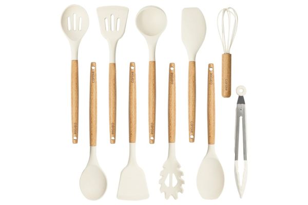 CAROTE Silicone Cooking Utensils Set, Kitchen Utensils Set 10 Pcs for cooking, BPA Free Spatula Set with Heat Resistant Wood Handles for Nonstick Cookware (Cream White) Credit: Amazon