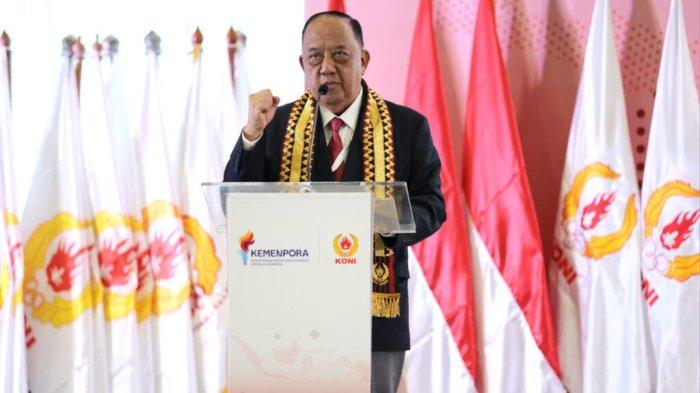 Ketum KONI Pusat Marciano Norman pada pembukaan Rapat Kerja Nasional (Rakernas) dan Musyawarah Olahraga Nasional Luar Biasa (Musornaslub) KONI 2026 di Hotel Pullman Central Park Jakarta Barat pada 21 Mei 2026.