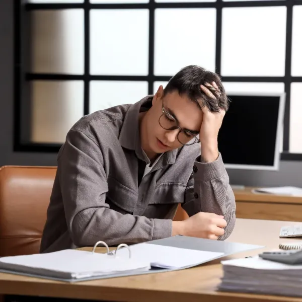 stressed male candidate sitting at desk worried about being ghosted