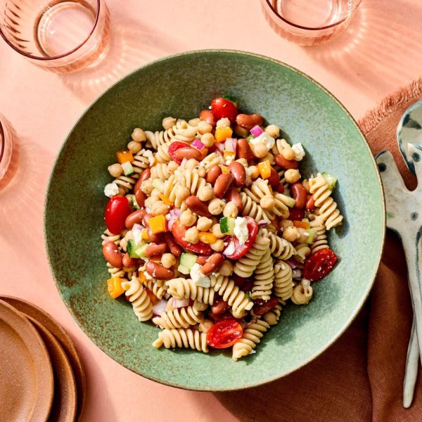 A recipe image of Bean & Pasta Salad Credit: Photographer: Jake Sternquist, Food Stylist: Shannon Goforth, Prop Stylist: Breanna Ghazali.