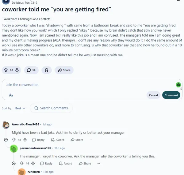 Employee says coworker returned from bathroom break with shocking warning,