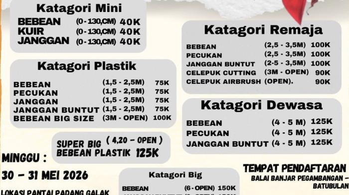 LOMBA - Tanggal kegiatan adalah 30 & 31 Mei 2026, sementara untuk pendaftaran dari 1 sampai 29 Mei 2026 via online & offline.