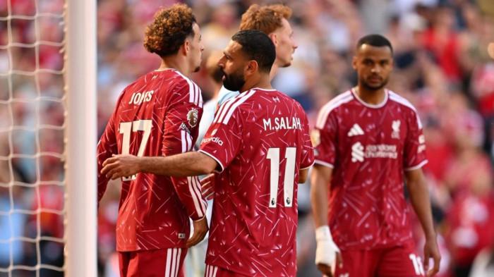 SELEBRASI - Pemain Liverpool merayakan gol bersama dalam pertandingan melawan Brentfor, Minggu (24/5/2026) di Anfield Stadium.