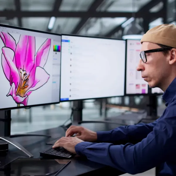 whimsical man working as a graphic designer