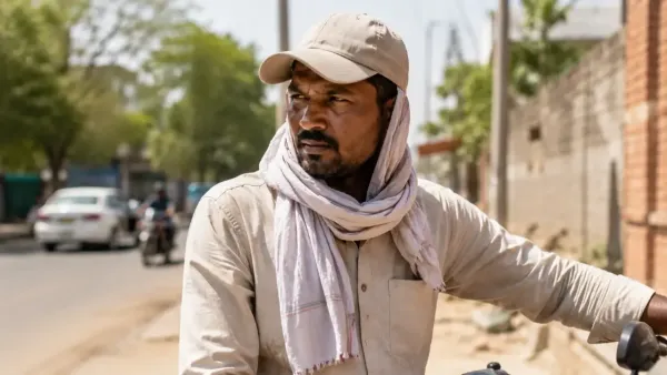 Indian outdoor worker wearing cap and scarf for sun protection
