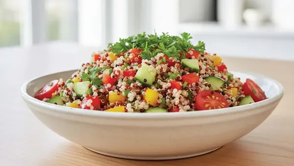 A colorful quinoa salad bowl mixed with diced cucumbers, cherry tomatoes, yellow and red bell peppers, topped with fresh chopped parsley