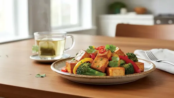 A white plate with a colorful tofu and broccoli stir-fry mixed with red and yellow bell peppers, garnished with fresh cilantro, next to a clear glass cup of hot green tea on a wooden table.