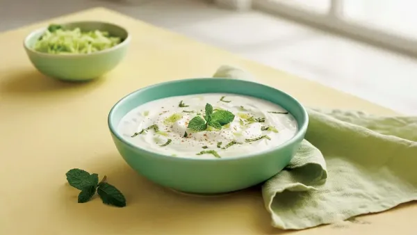 Creamy thick cucumber raita in a mint green bowl, topped with roasted cumin powder and a fresh mint sprig on a beige table.