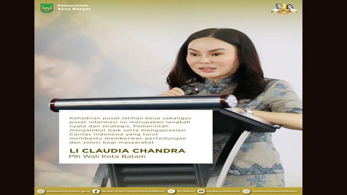 BERI SAMBUTAN - Plh Wali Kota Batam, Li Claudia Chandra beri sambutan saat peresmian Balai Latihan Kerja dan Pusat Informasi Pekerja Migran di Kota Batam, Jumat (29/5/2026). HUMAS DISKOMINFO BATAM / RICKY WIHENDAR