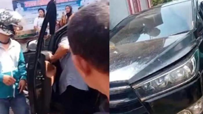 TABRAK -  Mobil Kepala Dinas Penanaman Modal dan Pelayanan Terpadu Satu Pintu (DPMPTSP) Kabupaten Pandeglang, Ahmad Mursidi yang menabrak kerumunan siswa dan pedagang di depan SD Sukaratu 5, Pandeglang, Jawa Barat pada Kamis (30/4/2026). 