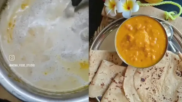 Creamy mango sasami curry served in a silver bowl with soft rotis on a traditional wooden kitchen counter.
