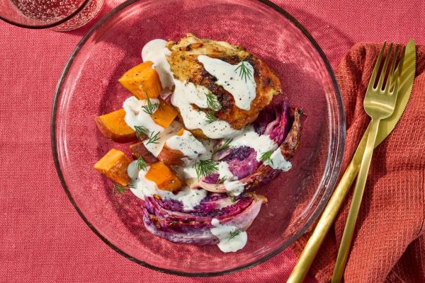 Image of Sheet-Pan Chicken Thighs with Red Cabbage & Potatoes Credit: photographer: Jen Causey, food stylist: Julian Hensarling, prop stylist: Josh Hoggle