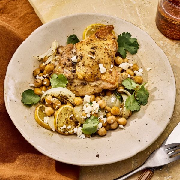 an image of the Za’atar-Roasted Chicken with Lemon, Garlic & Chickpeas Credit: Photographer: Morgan Hunt Glaze, Prop Stylist: Abby Armstrong, Food Stylist: Margaret Monroe Dickey