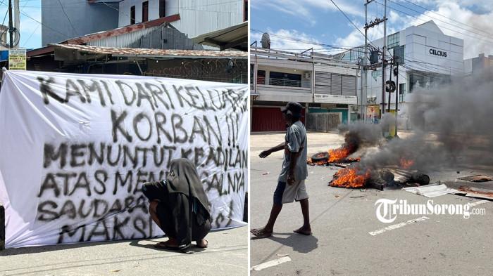 PEMALANGAN - Pemalangan terjadi di kawasan Tugu Pancasila, Kelurahan Kampung Baru, Distrik Sorong Kota, tepatnya Jalan Sam Ratulangi, Kota Sorong, Papua Barat Daya, Minggu (26/4/2026). Aksi dipicu kasus penikaman yang menewaskan Maksi Bless, seorang sekuriti hotel. Massa dari keluarga korban kemudian turun menggelar aksi membakar ban dan seng bekas, serta barang lainnya buat memblokade jalan.
