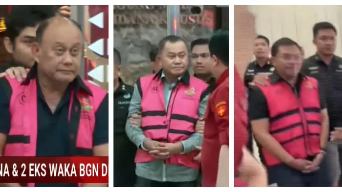 PETINGGI BGN TERSANGKA - Potret Ketua BGN, Dadan Hindayana dan dua Wakil Ketua BGN, Lodewyk Pusung dan Sony Sanjaya saat diseret keluar dari Kantor Kejagung pada Rabu (3/6/2026). Dadan, Sony, dan Lodwyk mengenakan rompi tahanan pink dengan tangan diborgol saat diseret keluar dari Kantor Kejagung.