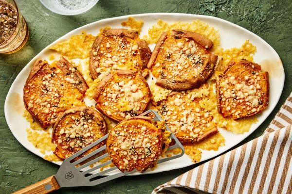 Recipe image of Crispy Smashed Sweet Potatoes with Parm. Credit: Photographer: Morgan Hunt Ward, Prop Stylist: Phoebe Hausser, Food Stylist: Jennifer Wendorf.