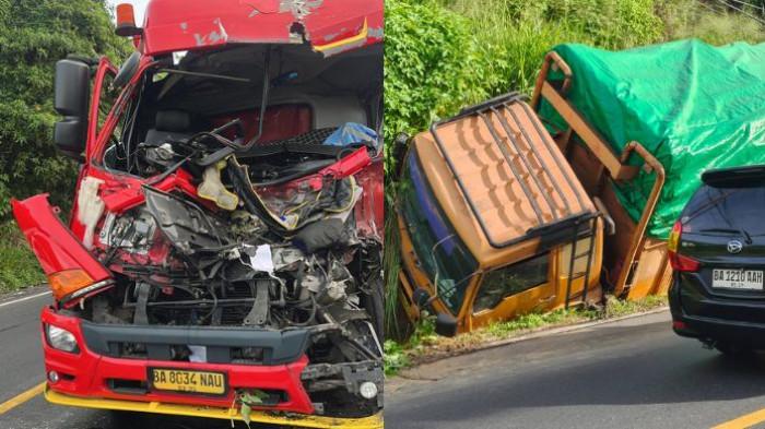 KECELAKAAN LALU LINTAS - Penampakan dua truk terlibat kecelakaan di Jalan Umum Padang Panjang-Bukittinggi, tepatnya di kawasan Kayu Gadang, Kecamatan X Koto, Kabupaten Tanah Datar, Rabu (3/6/2026) sekira pukul 06.15 WIB. Kasat Lantas Polres Padang Panjang, AKP Pifzen Finot sebut kecelakaan bermula saat sopir truk Pertamina diduga mengantuk.