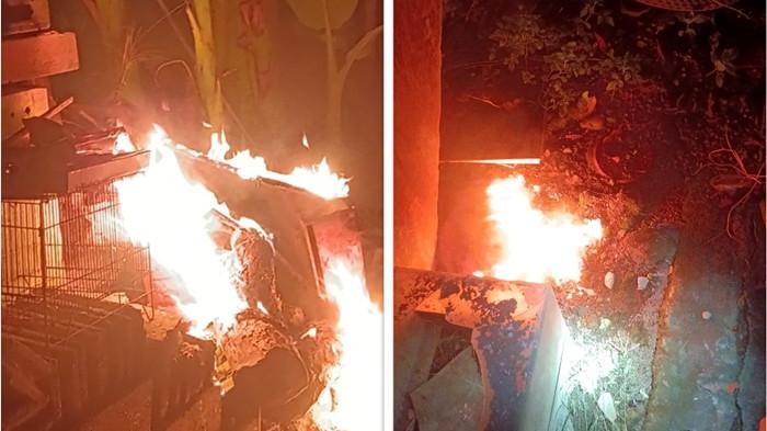 MENYALA - Titik api yang membakar tumpukan kayu di halaman belakang rumah Agus Yani di Kasuran, Seyegan, Sleman, Rabu (3/6/2026) malam.