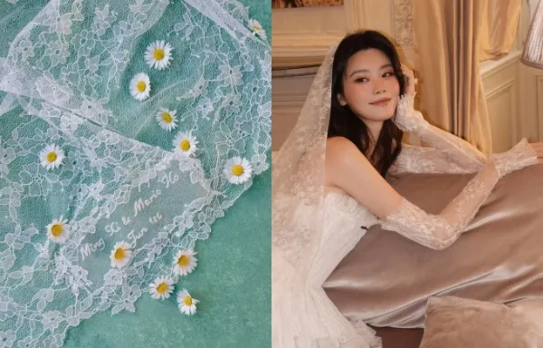 Chiffon scarf embroidered with the names and wedding date of He Mong Dao couple. Photo: Instagram Mingxi