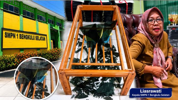 SMPN 1 BENGKULU SELATAN - Kepala SMPN 1 Bengkulu Selatan, Liasrawati (kiri) dan meja yang rusak (kanan).  Kepala SMPN 1 Bengkulu Selatan ungkap kronologi camat diduga ngamuk dan pecahkan meja di sekolah.