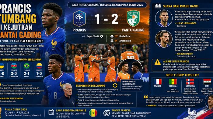 KEKALAHAN PRANCIS - Hasil laga persahabatan Prancis vs Pantai Gading di Sadion Beaujoire, Louis Fonteneau, Nantes, Prancis, Jumat (5/6/2026). Prancis kalah 1-2 jelang helatan Piala Dunia 2026, memutus rentetan hasil positif empat kemenangan terakhir. (Grafis Tribunnews via ChatGPT).