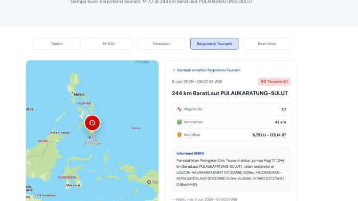 GEMPA HARI INI - Tangkap layar situs BMKG memperlihatkan Gempa Bumi M7,7 di 244 km Barat Laut Pulau Karatung, Sulawesi Utara. Gempa magnitudo 7,0 mengguncang lepas pantai Sarangani, Filipina, pada Senin pagi dan memicu peringatan dini tsunami dari Phivolcs.