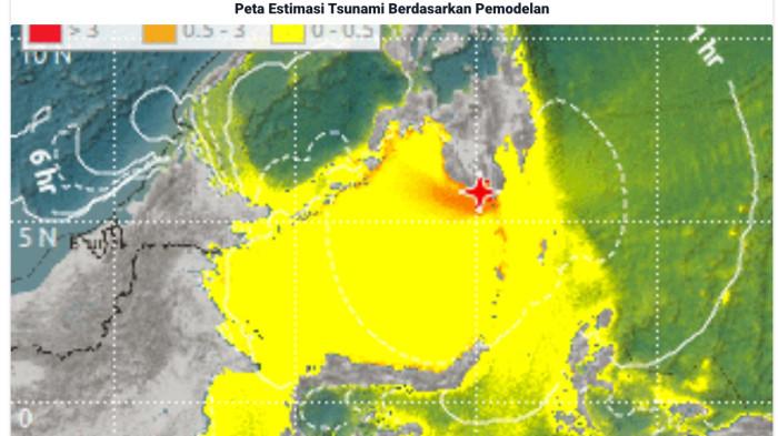 TSUNAMI -- BMKG menetapkan 15 wilayah berstatus Siaga Tsunami setelah gempa magnitudo 7,7 mengguncang laut di utara Sulawesi pada Senin pagi.