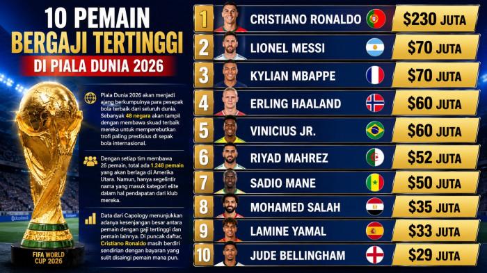 GAJI TERTINGGI DI PIALA DUNIA 2026 - Cristiano Ronaldo di urutan pertama dalam daftar 10 pemain dengan gaji tertinggi di Piala Dunia 2026 sekaligus memiliki gap paling banyak dengan para pesaingnya termasuk Lionel Messi di urutan kedua.