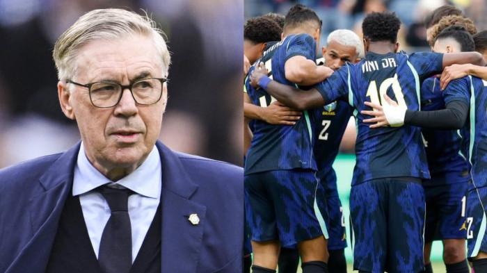 TIMNAS BRASIL -- Kolase foto Carlo Ancelotti dan Timnas Brasil. Carlo Ancelotti telah menentukan skuad sementara Brasil untuk Piala Dunia 2026.