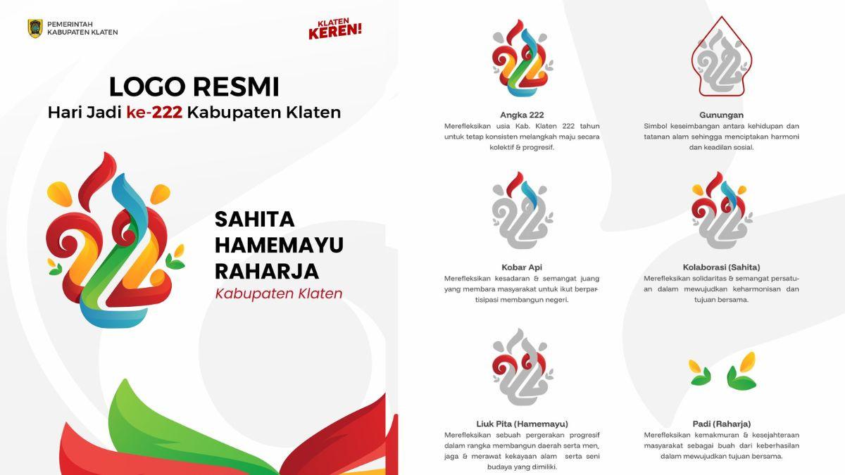 HUT KLATEN - Infografis elemen-elemen logo resmi Hari Jadi ke-222 Klaten beserta makna filosofisnya, dirilis Pemerintah Kabupaten Klaten pada Senin (8/6/2026). 