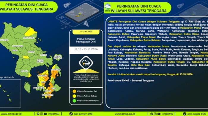 Peringatan dini cuaca BMKG di Sulawesi Tenggara 10 Juni 2026, Muna dan Buton potensi hujan