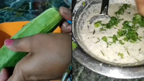split image showing hands peeling a fresh green cucumber and preparing creamy cucumber raita garnished with coriander.