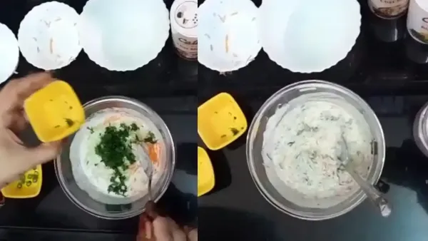 Step-by-step preparation of healthy cucumber carrot mint raita mixed with fresh herbs and spices in glass bowls.