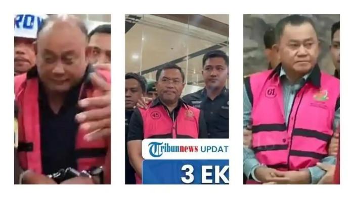 DITAHAN - (kiri ke kanan) Eks Kepala BGN Dadan Hindayana dan dua eks Wakil Kepala BGN Sony Sonjaya dan Lodewyk Pusung mengenakan rompi tahanan setelah ditetapkan sebagai tersangka kasus korupsi program MBG oleh Kejaksaan Agung pada Rabu (3/6/2026) petang.