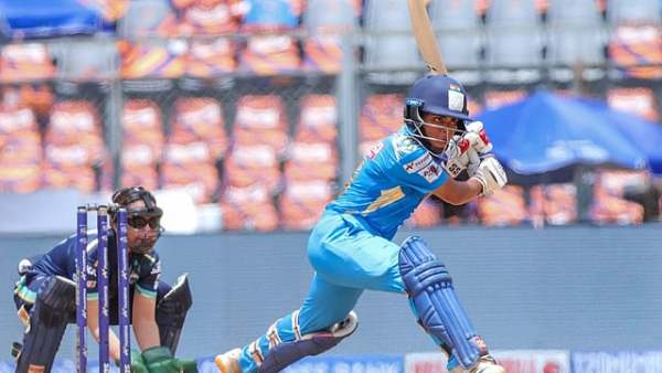 Sanika Chalke of Aakash Tigers MWS plays a shot during a Nuvama Private T20 Mumbai Women's League match at the Wankhede Stadium on June 10